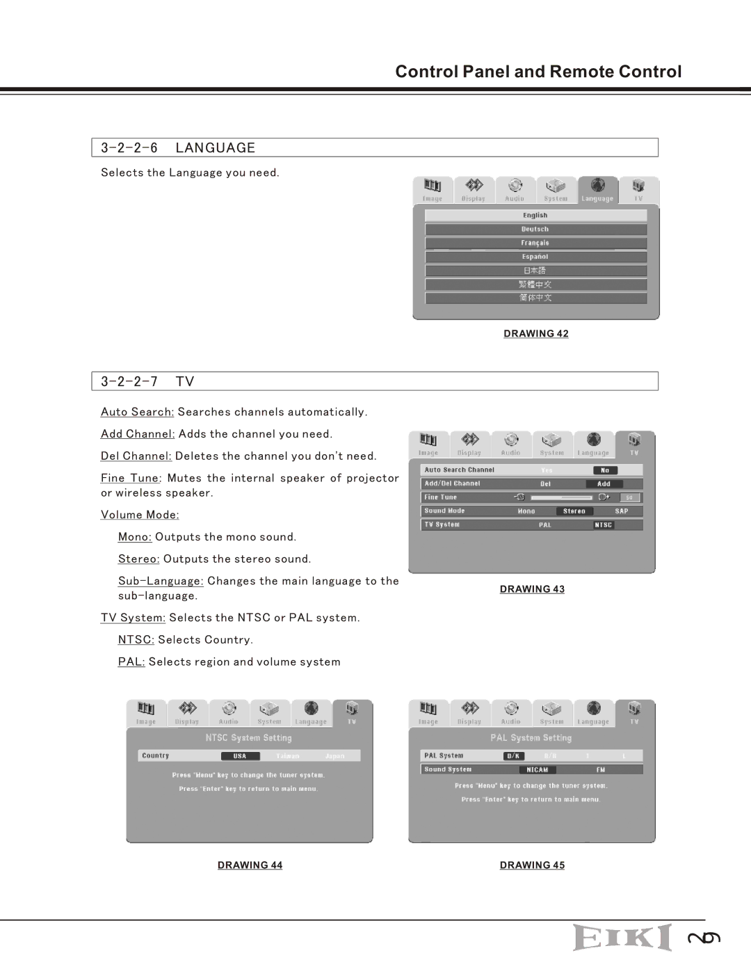 Eiki EIP-10V owner manual Language, 2-7 TV 