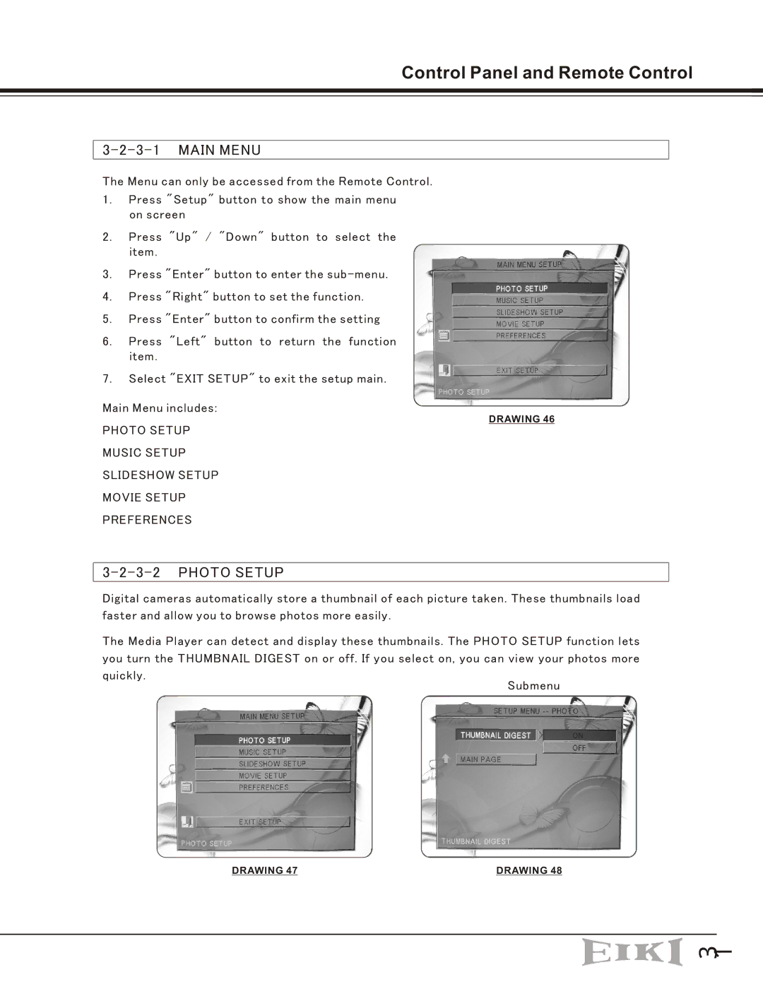 Eiki EIP-10V owner manual Main Menu, Photo Setup 