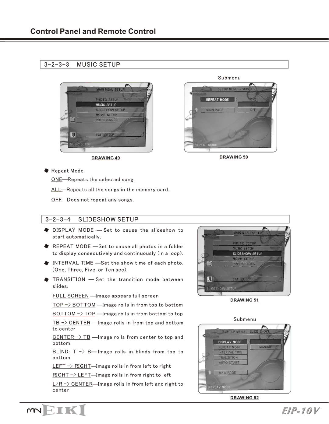 Eiki EIP-10V owner manual Music Setup, Slideshow Setup 