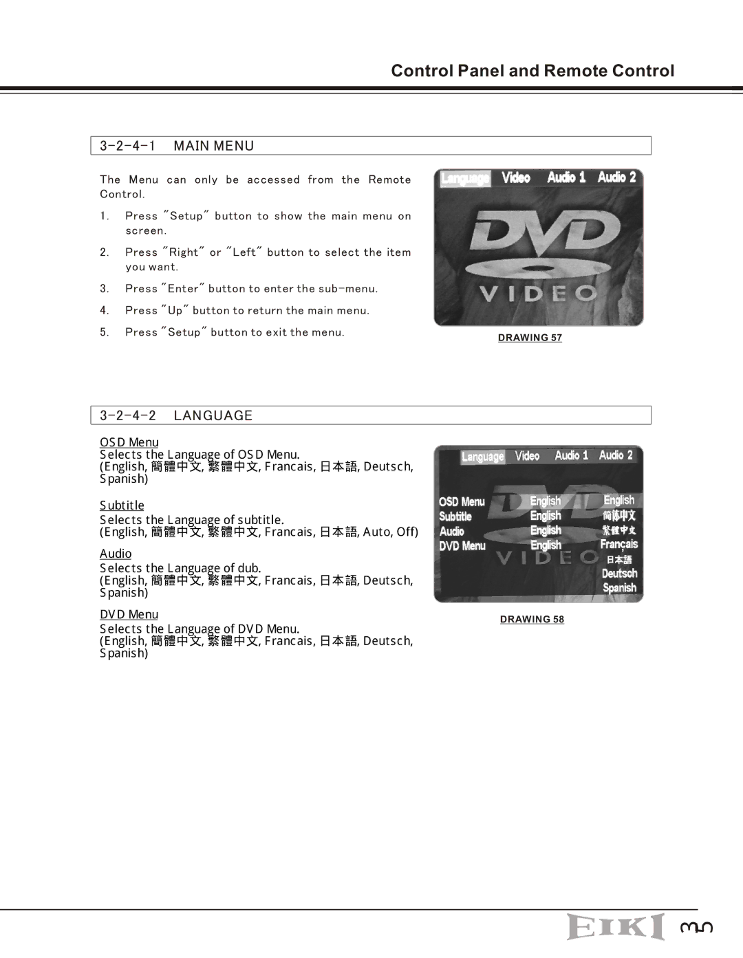 Eiki EIP-10V owner manual OSD Menu 