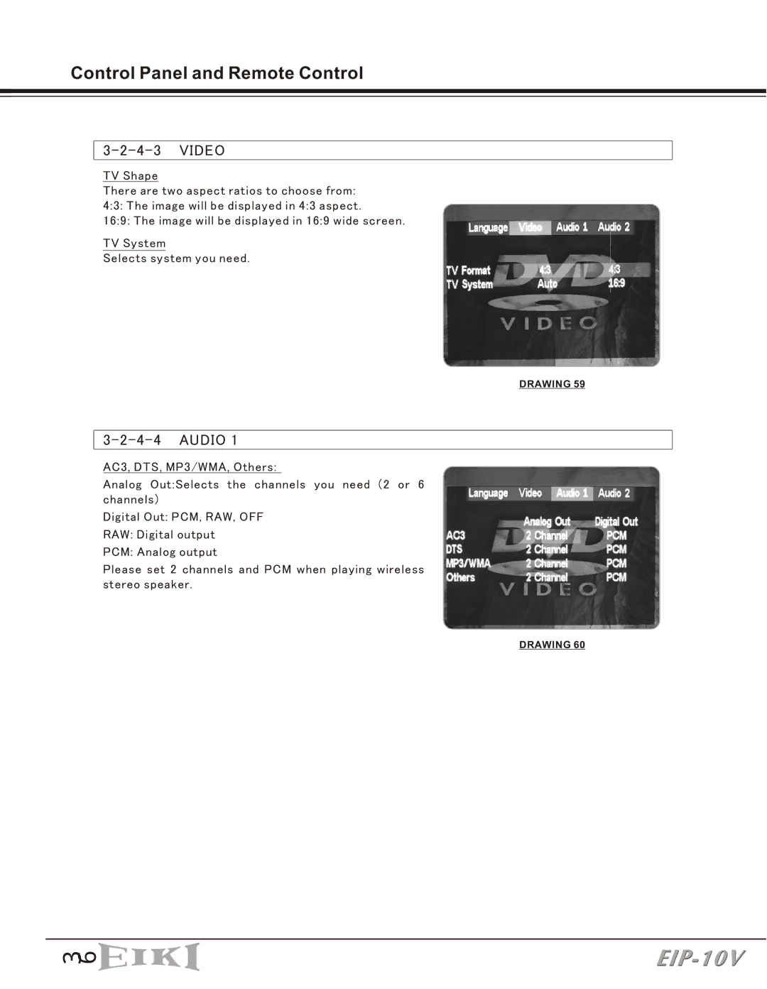 Eiki EIP-10V owner manual Video, Audio 