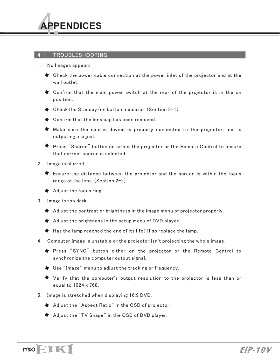 Eiki EIP-10V owner manual 4APPENDICES, Troubleshooting 