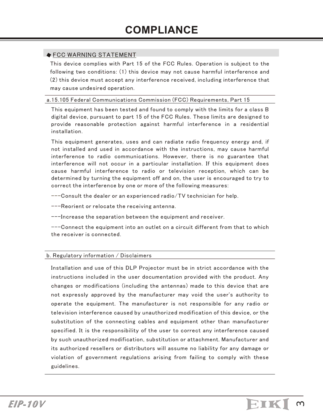 Eiki EIP-10V owner manual Compliance, FCC Warning Statement 