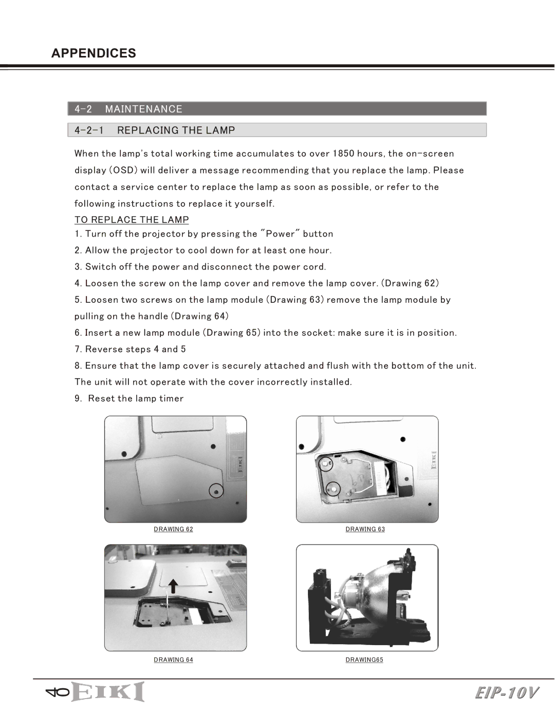 Eiki EIP-10V owner manual Maintenance, Replacing the Lamp 