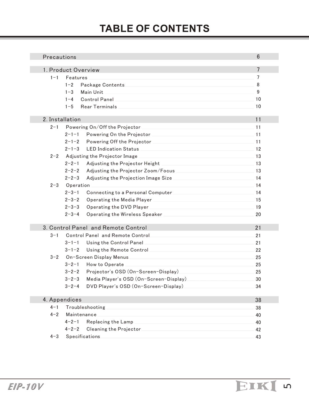 Eiki EIP-10V owner manual Table of Contents 