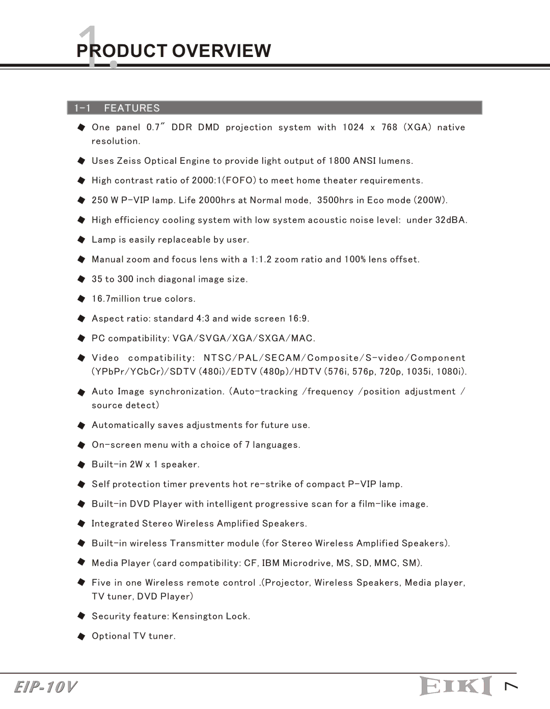 Eiki EIP-10V owner manual 1PRODUCT. Overview, Features 