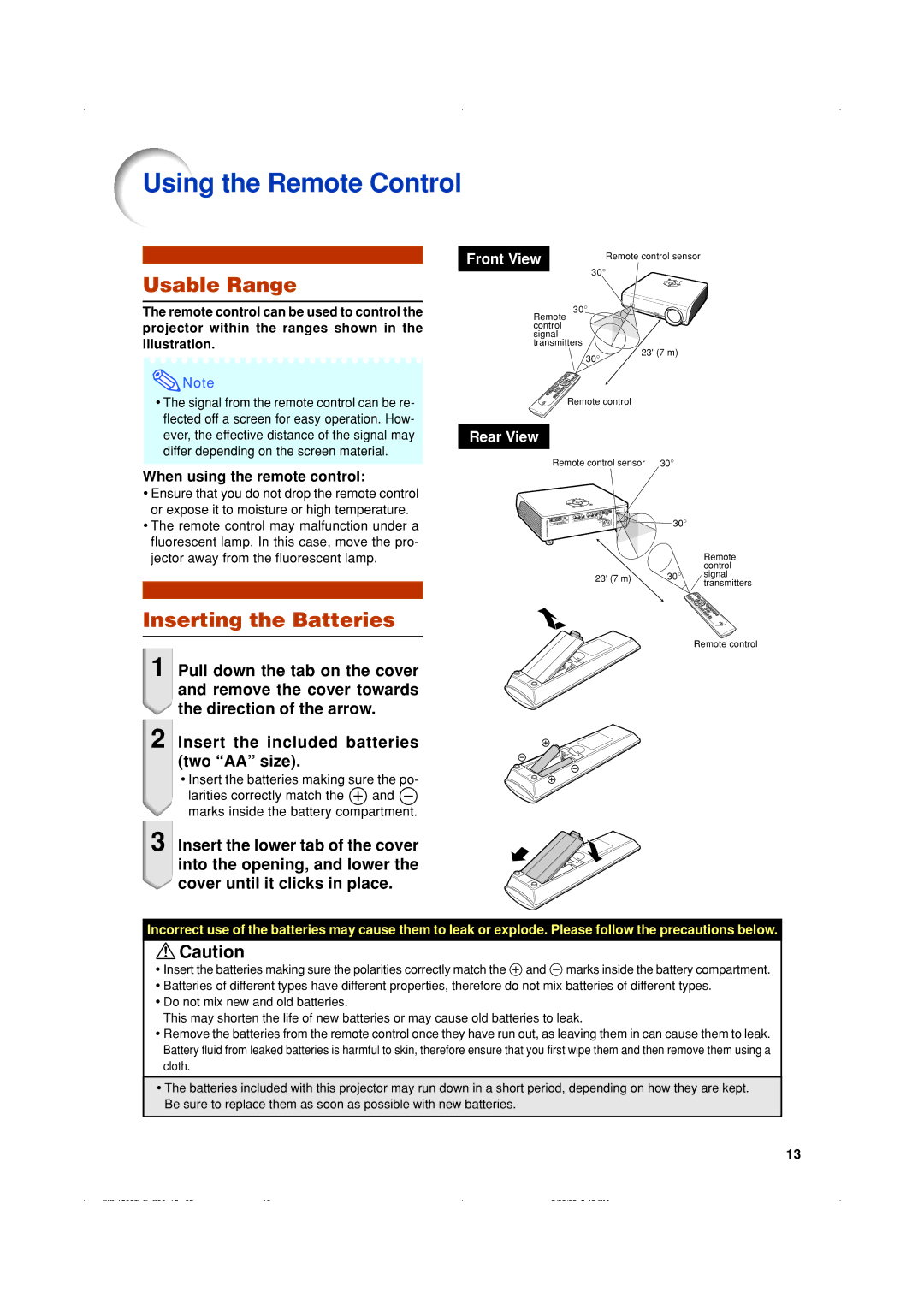 Eiki EIP-1500T owner manual Using the Remote Control, Usable Range, Inserting the Batteries, When using the remote control 