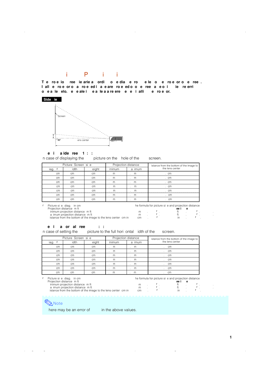 Eiki EIP-1500T owner manual Screen Size and Projection Distance, When using a wide screen 