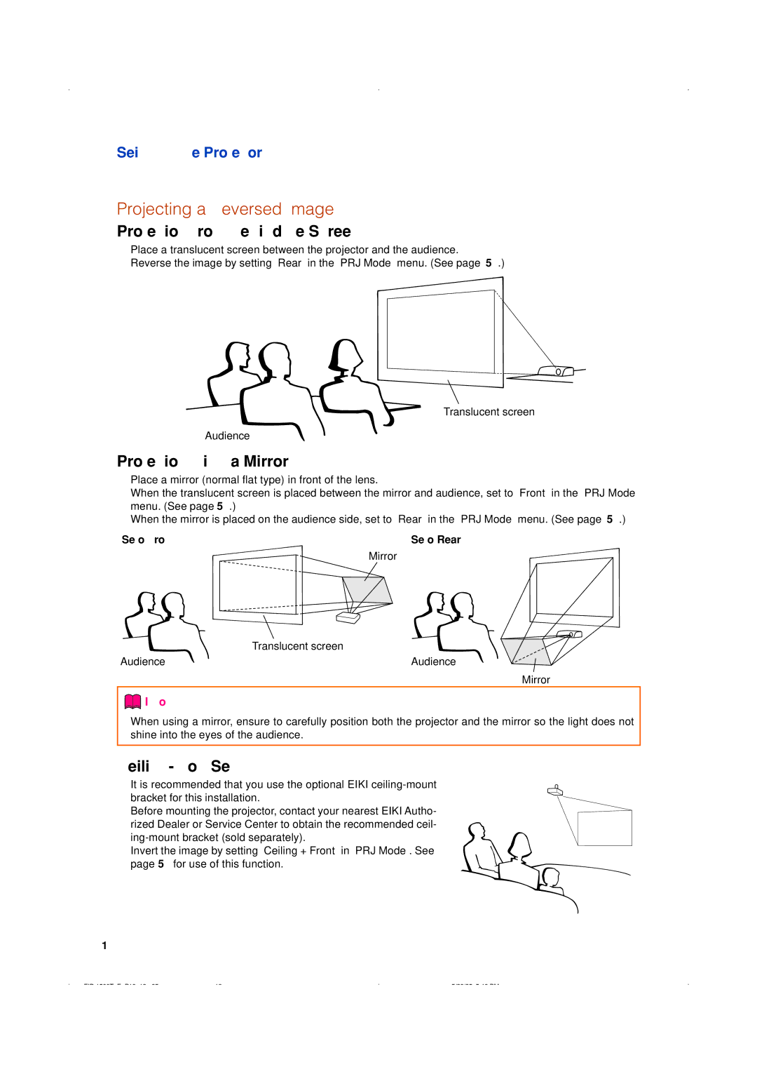 Eiki EIP-1500T owner manual Projecting a Reversed Image, Projection from behind the Screen 