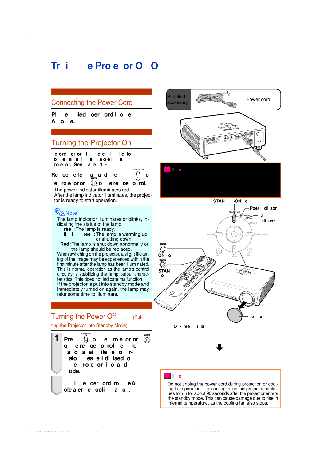 Eiki EIP-1500T owner manual Turning the Projector On/Off, Connecting the Power Cord, Turning the Power Off Put 