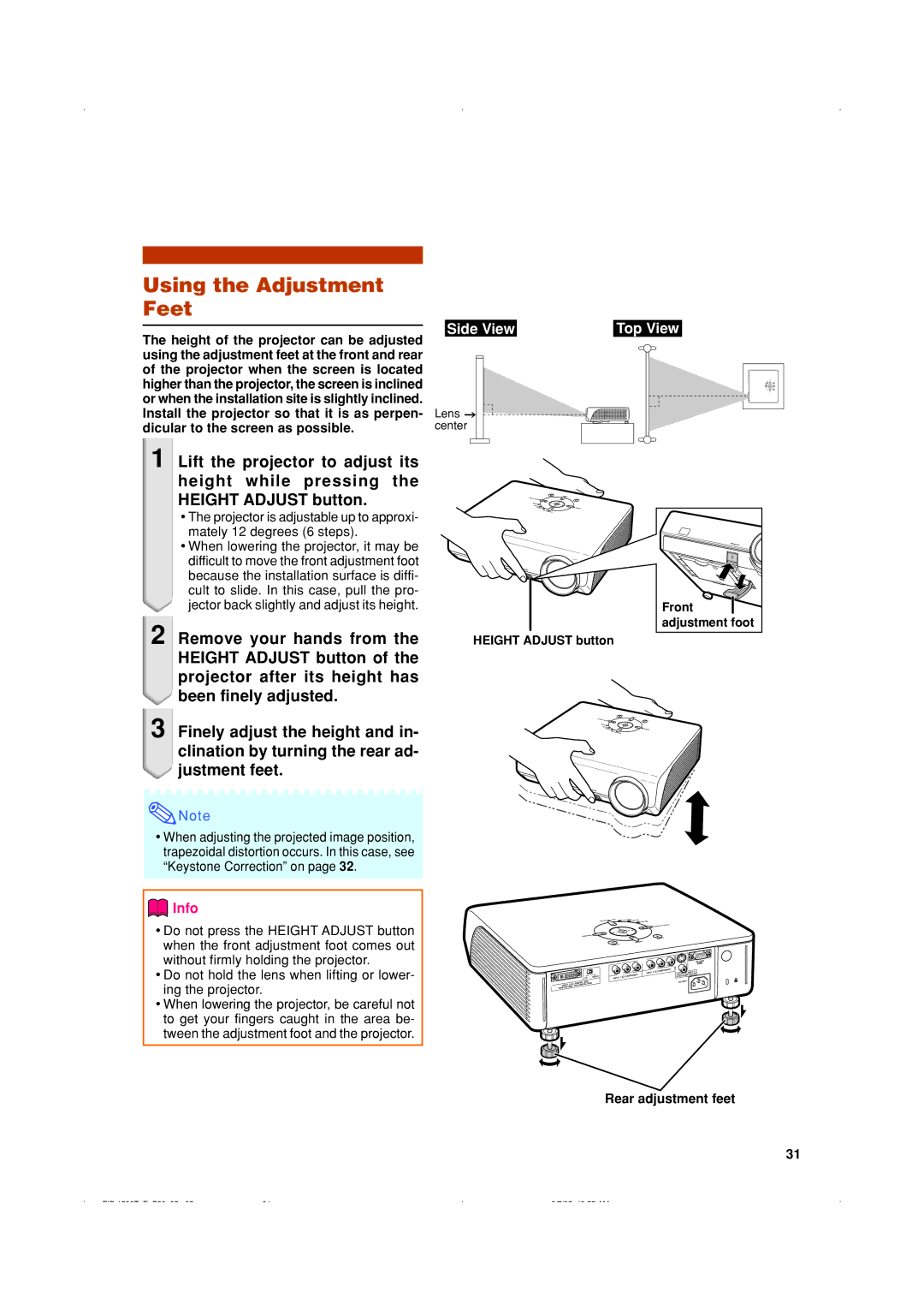 Eiki EIP-1500T owner manual Using the Adjustment Feet 