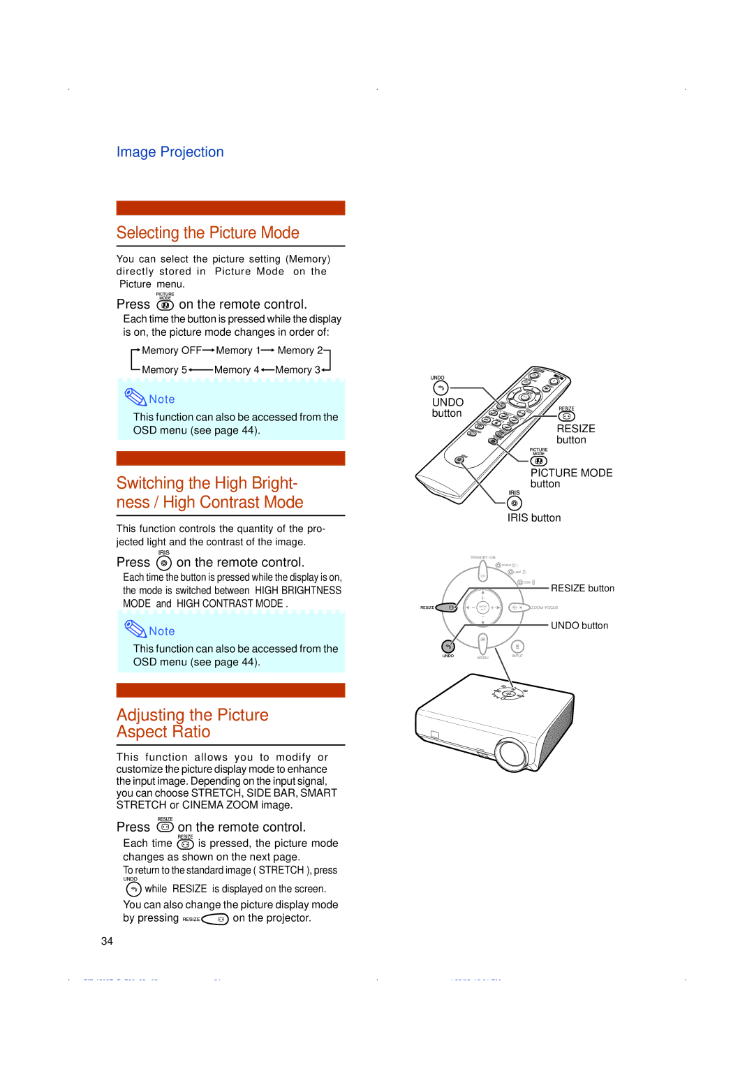 Eiki EIP-1500T owner manual Selecting the Picture Mode, Switching the High Bright- ness / High Contrast Mode 