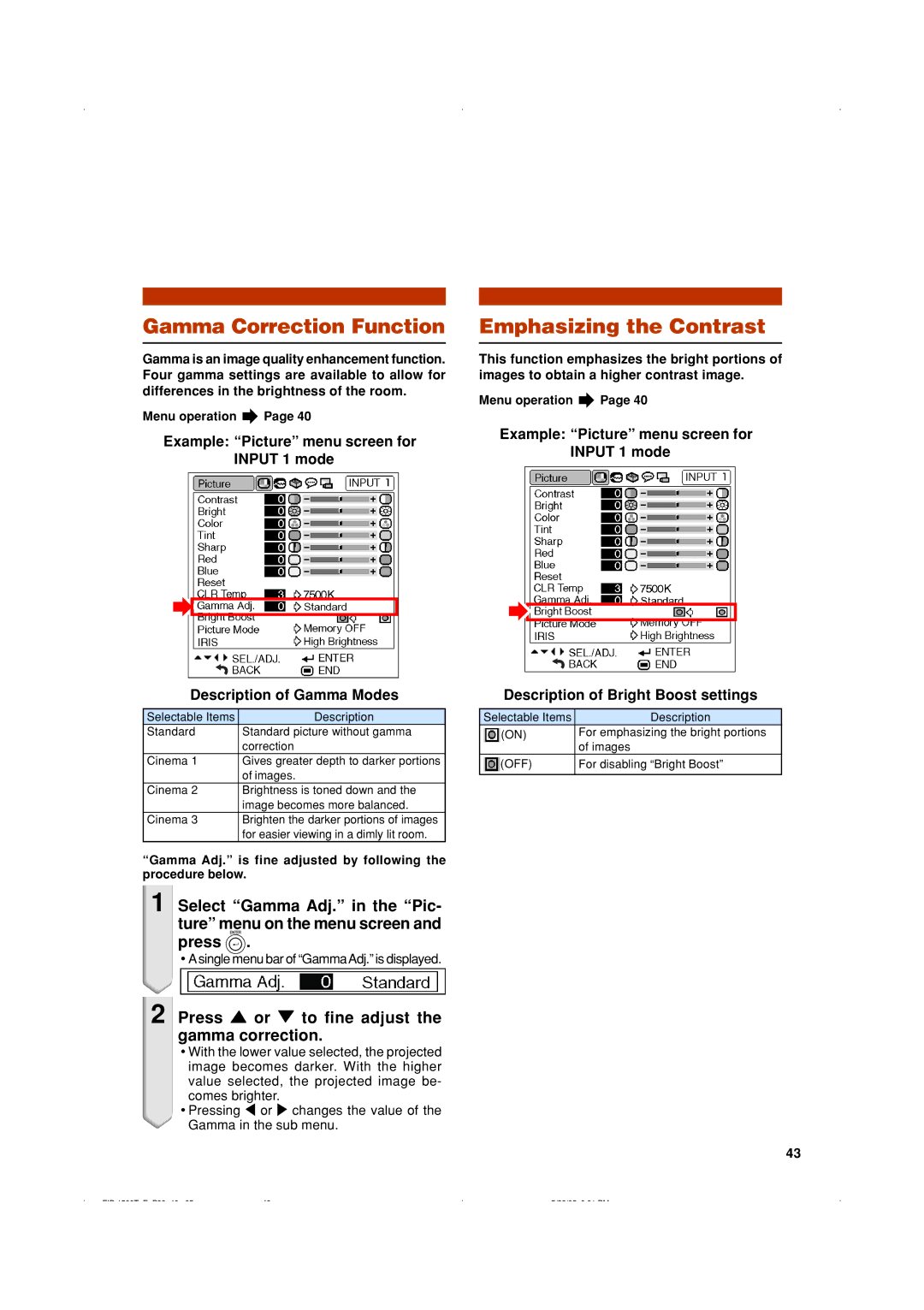 Eiki EIP-1500T Gamma Correction Function, Emphasizing the Contrast, Press or to fine adjust the gamma correction 