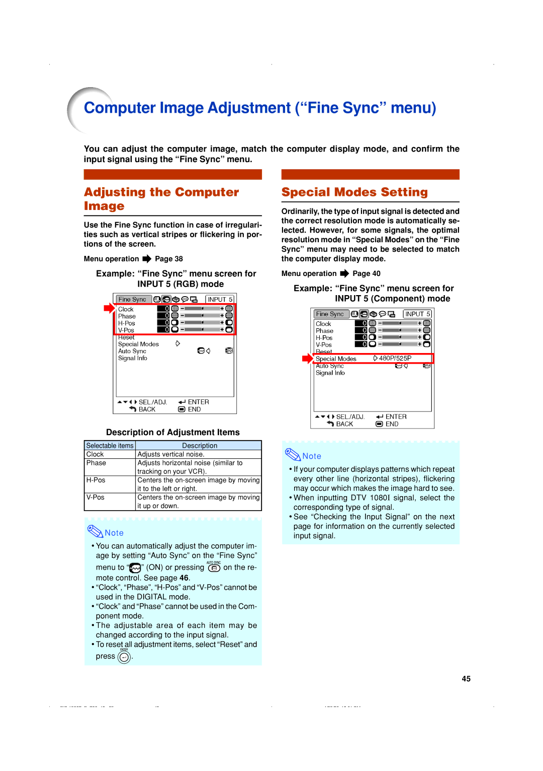 Eiki EIP-1500T owner manual Computer Image Adjustment Fine Sync menu, Adjusting the Computer Image, Special Modes Setting 