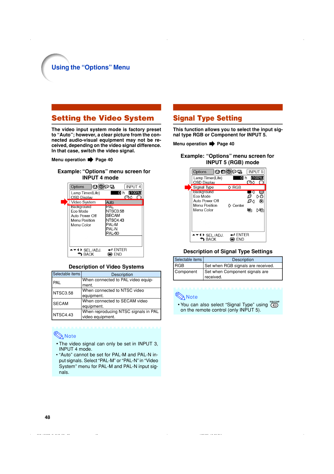 Eiki EIP-1500T owner manual Setting the Video System, Signal Type Setting 