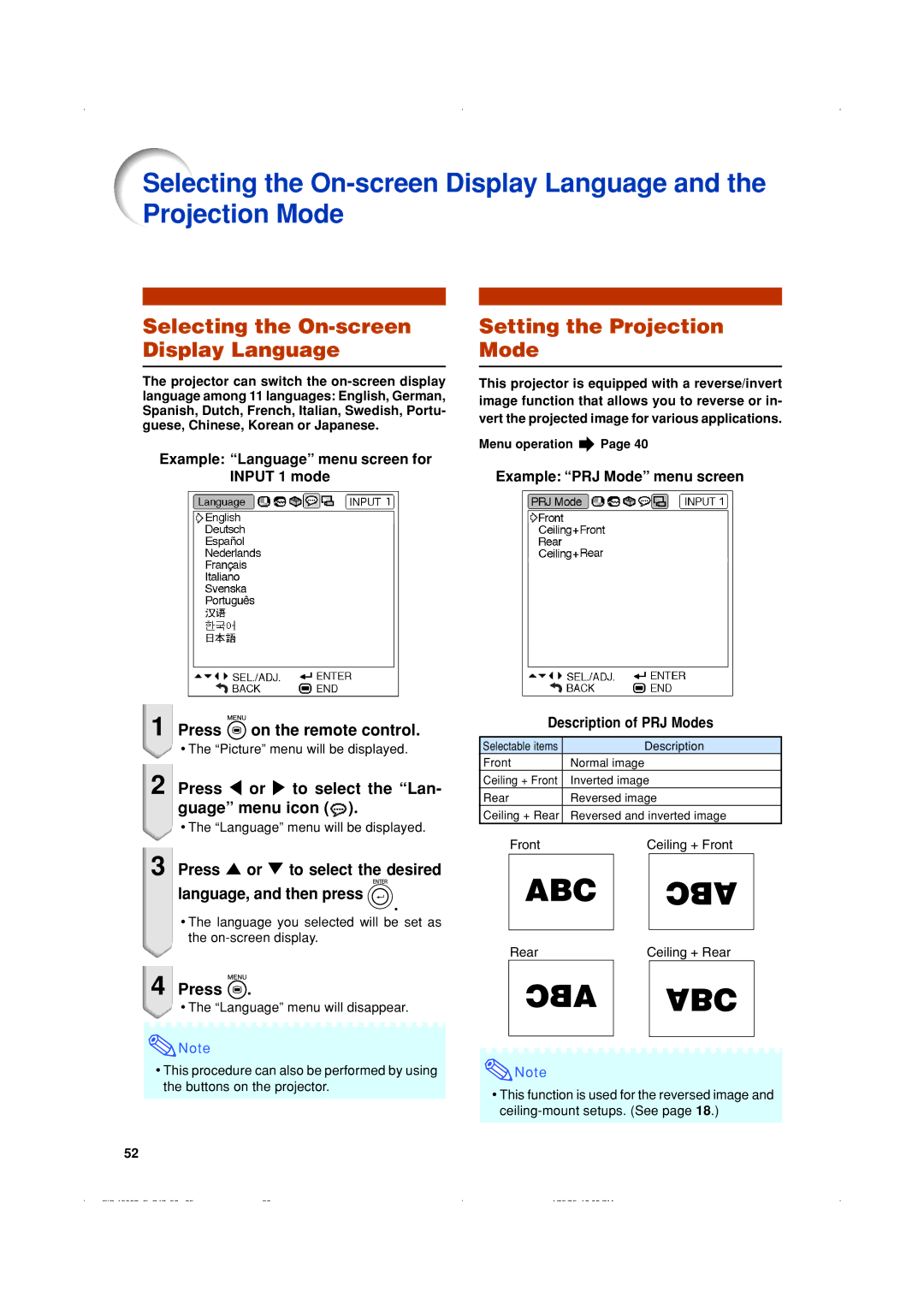 Eiki EIP-1500T owner manual Selecting the On-screen Display Language, Setting the Projection Mode 