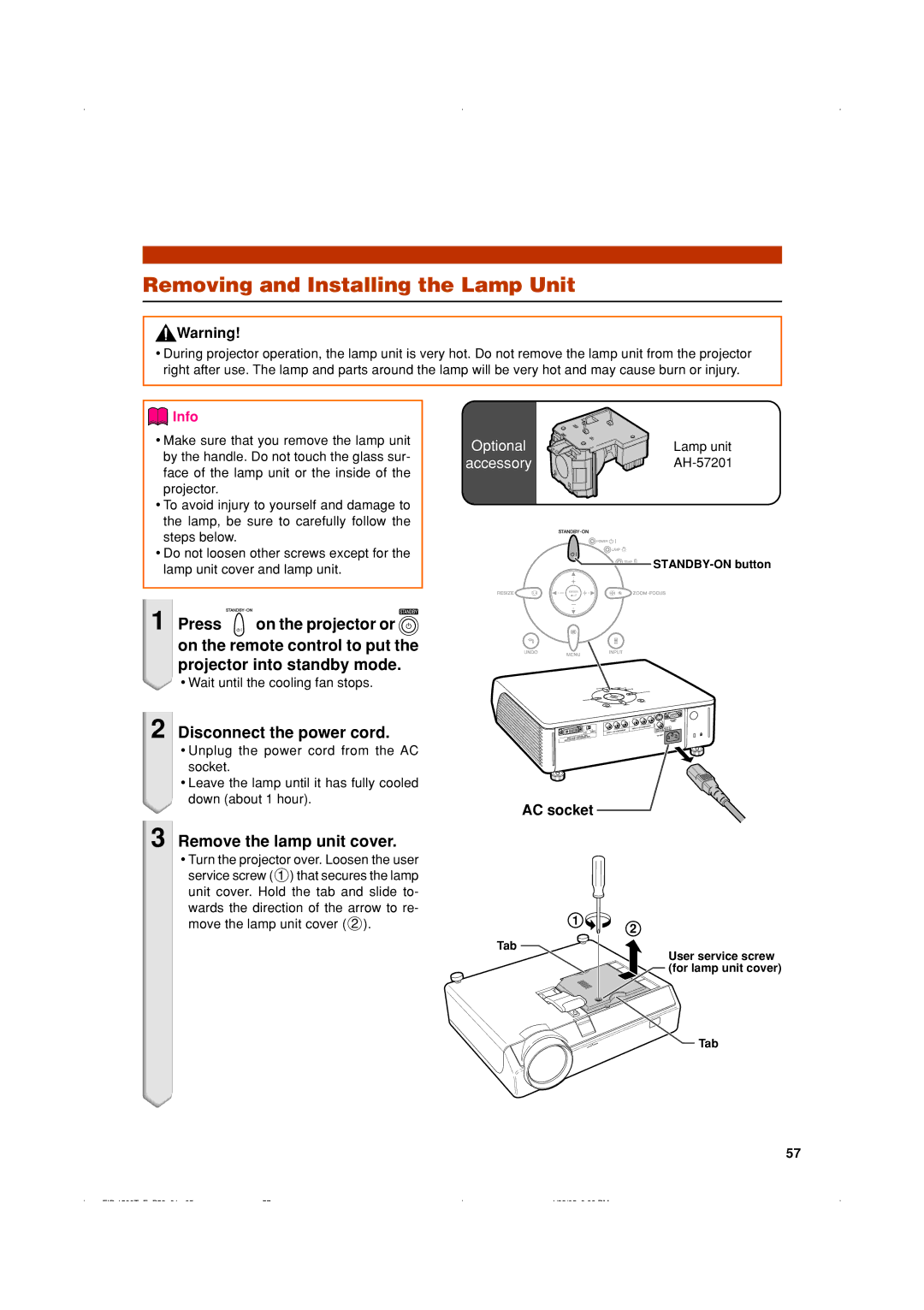 Eiki EIP-1500T Removing and Installing the Lamp Unit, Disconnect the power cord, Remove the lamp unit cover, AC socket 