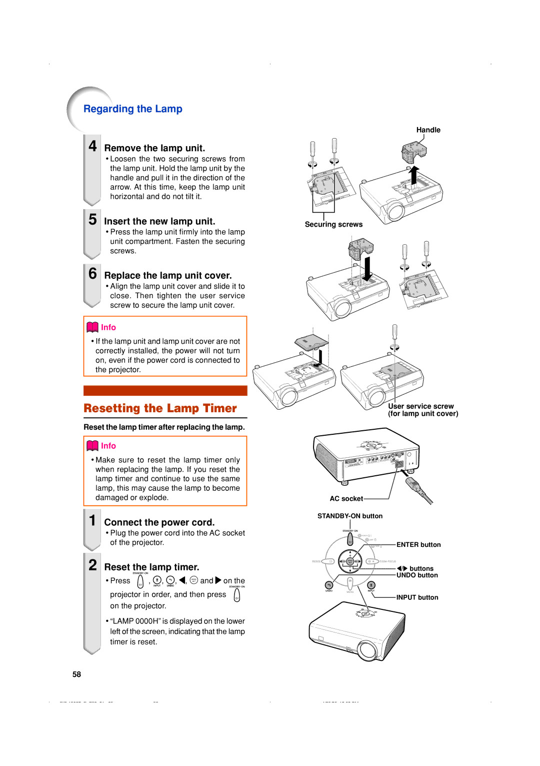 Eiki EIP-1500T owner manual Resetting the Lamp Timer 