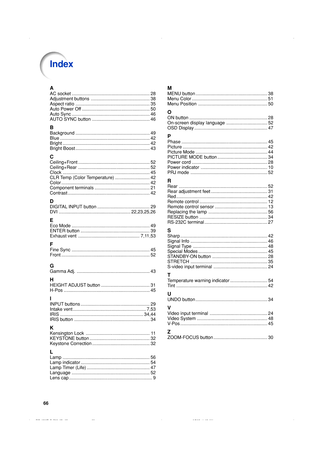 Eiki EIP-1500T owner manual Index, 34,44 