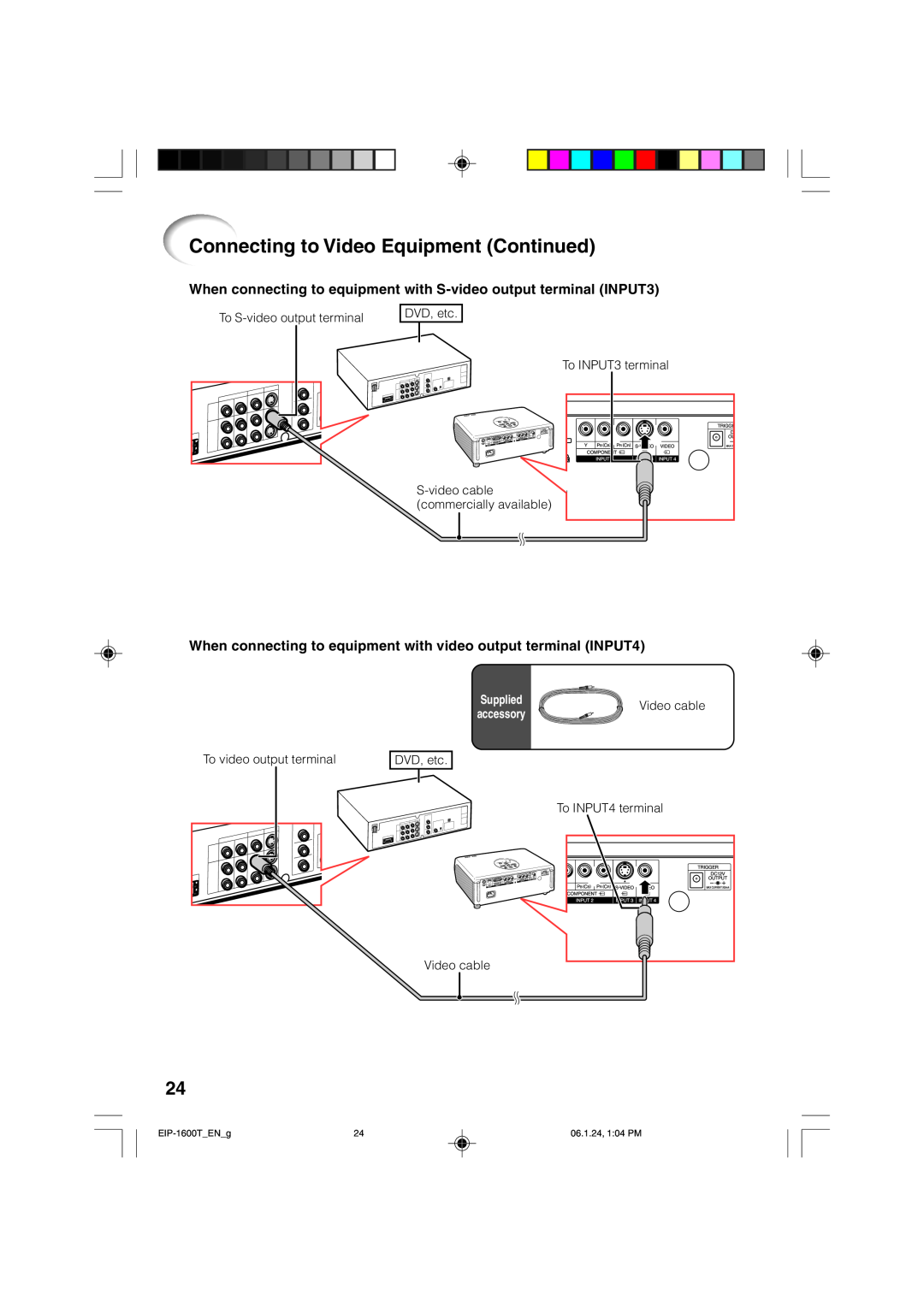 Eiki EIP-1600T Connecting to Video Equipment Continued, When connecting to equipment with S-video output terminal INPUT3 