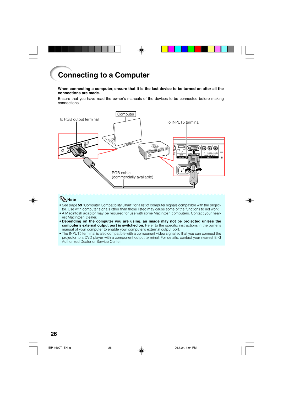 Eiki EIP-1600T owner manual Connecting to a Computer, accessory 