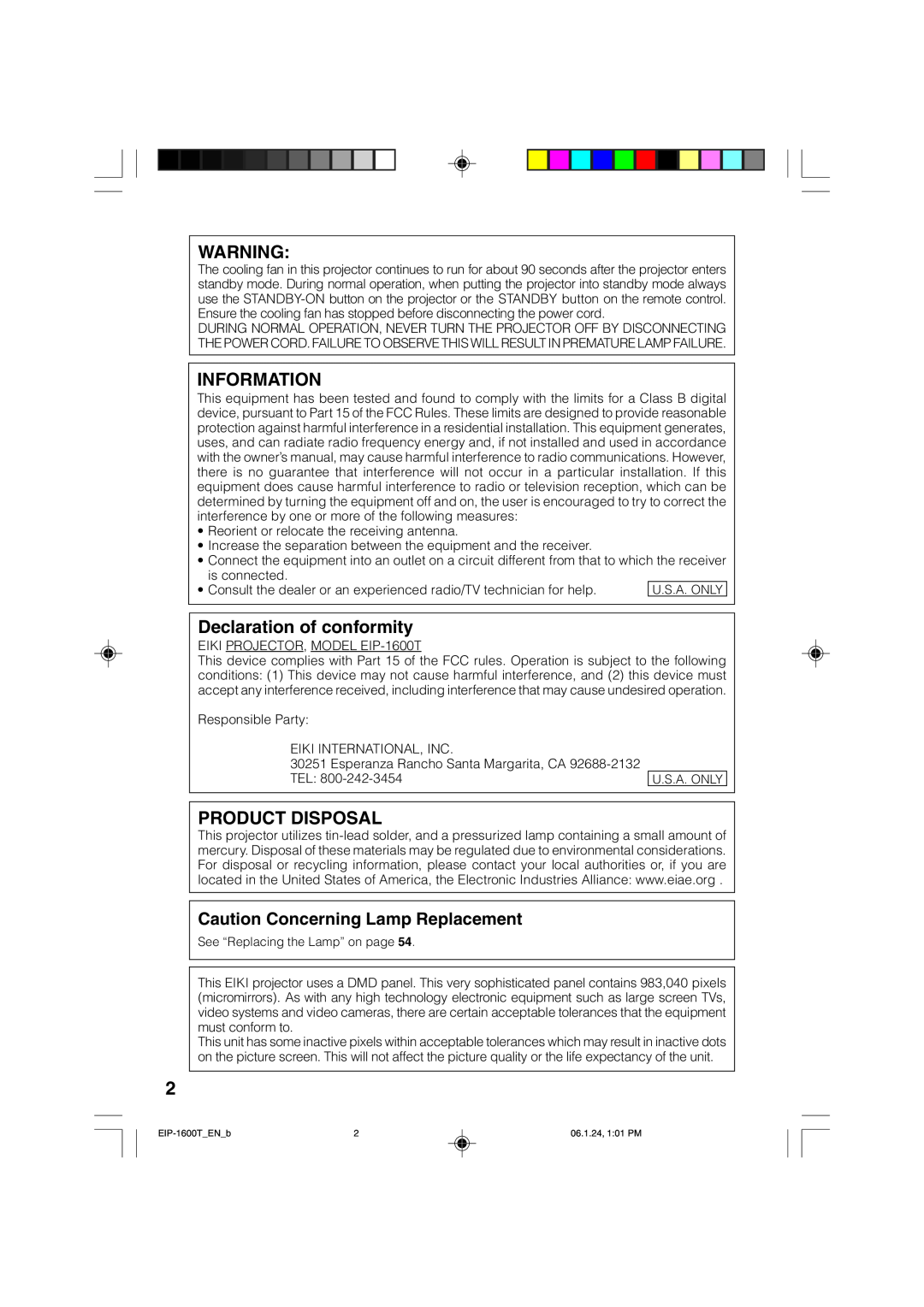 Eiki EIP-1600T owner manual Information, Declaration of conformity, Product Disposal, Caution Concerning Lamp Replacement 