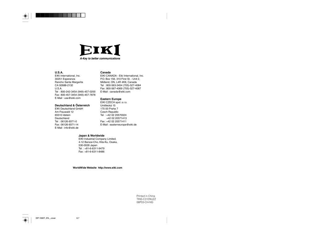 Eiki EIP-1600T A-Key to better communications, U.S.A, Canada, Eastern Europe, Deutschland & Österreich, Japan & Worldwide 