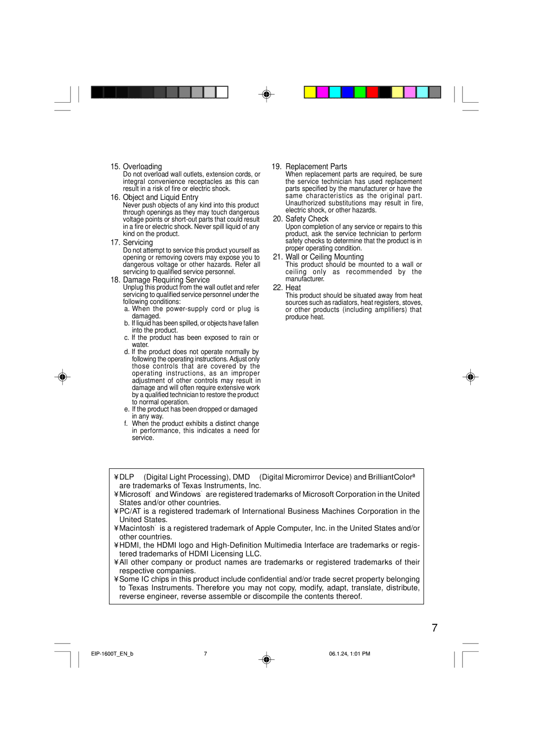 Eiki EIP-1600T Overloading, Object and Liquid Entry, Servicing, Damage Requiring Service, Replacement Parts, Safety Check 