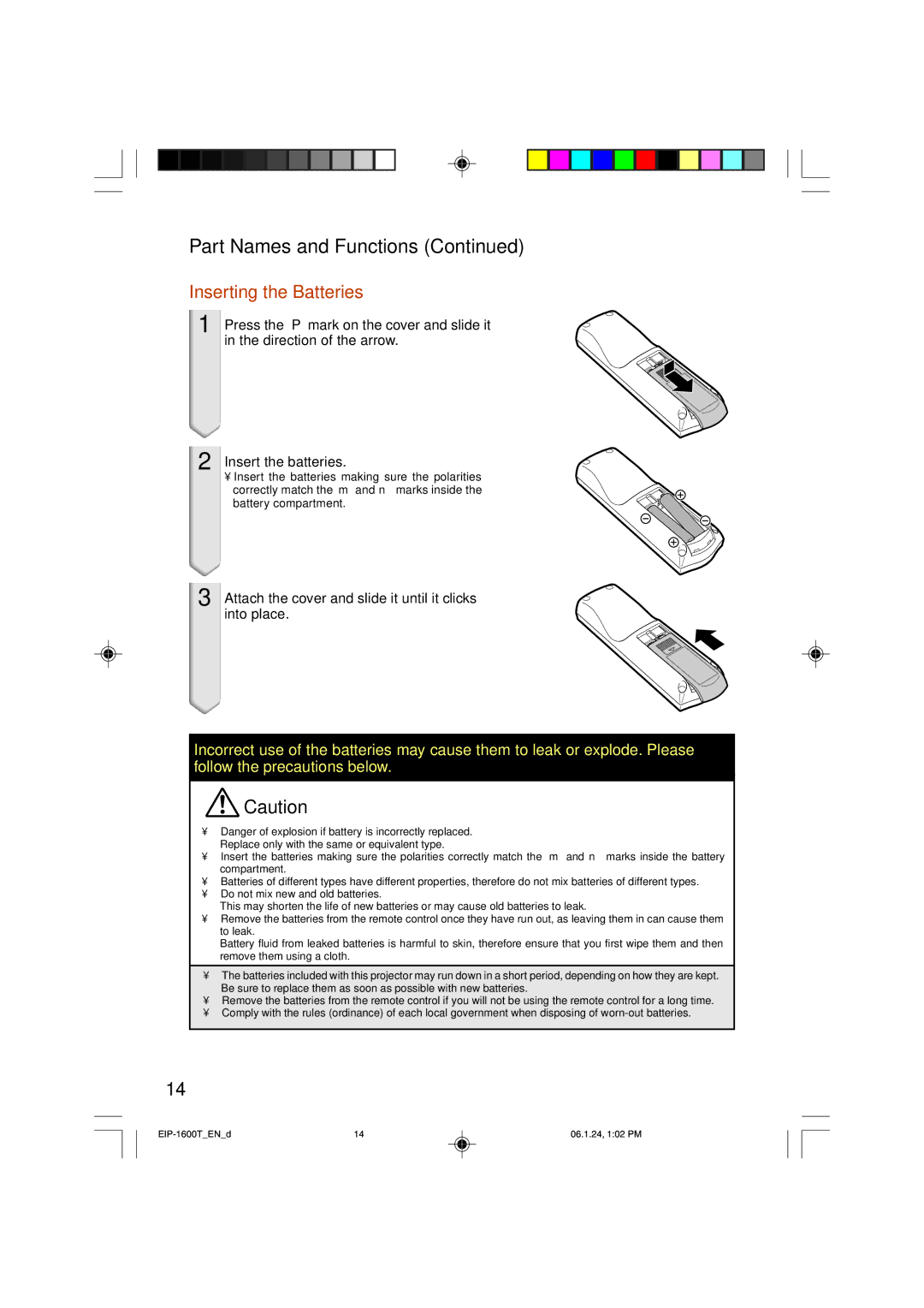 Eiki EIP-1600T owner manual Inserting the Batteries, Attach the cover and slide it until it clicks into place 