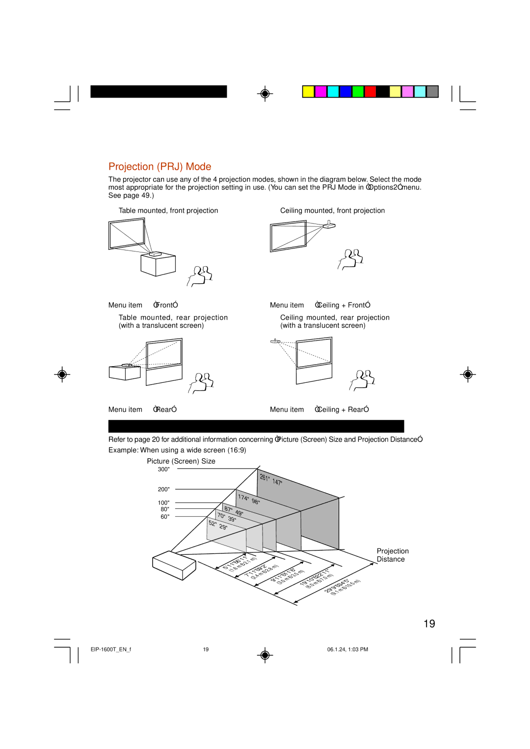 Eiki EIP-1600T owner manual Projection PRJ Mode, 174⋅98 