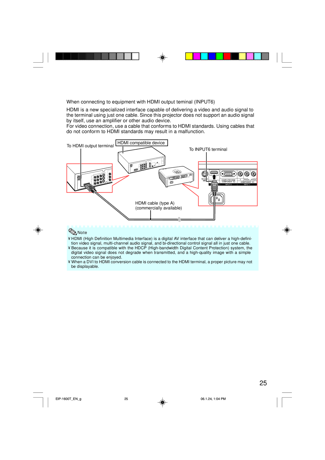 Eiki EIP-1600T owner manual When connecting to equipment with Hdmi output teminal INPUT6 