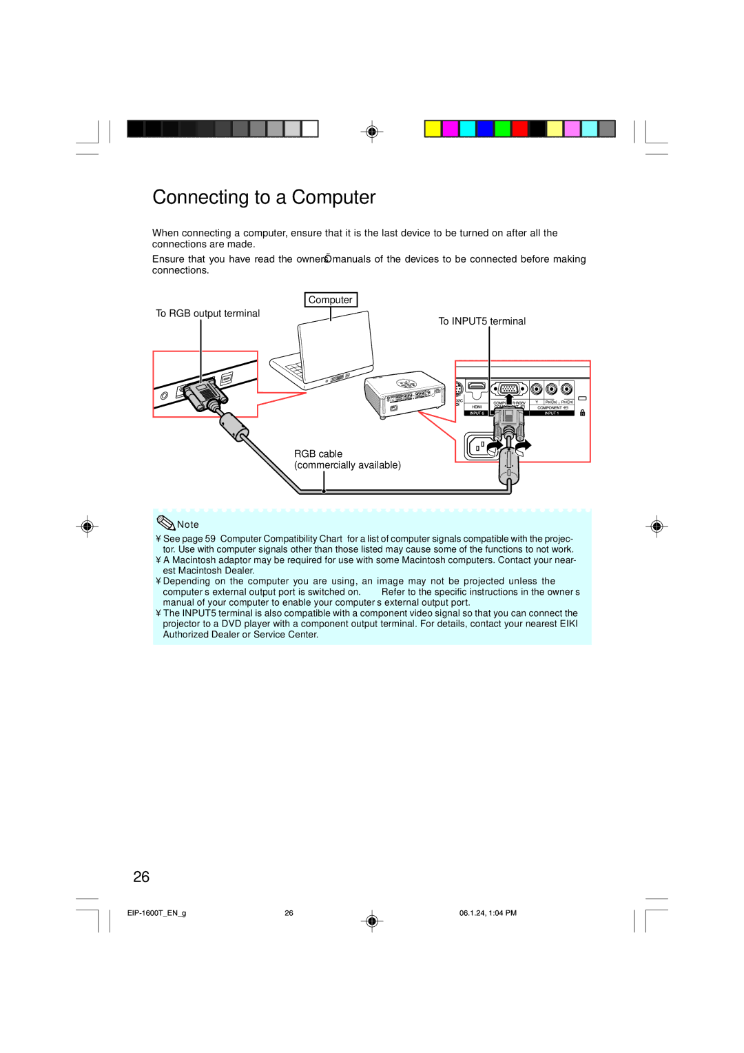 Eiki EIP-1600T owner manual Connecting to a Computer, Computer To RGB output terminal 