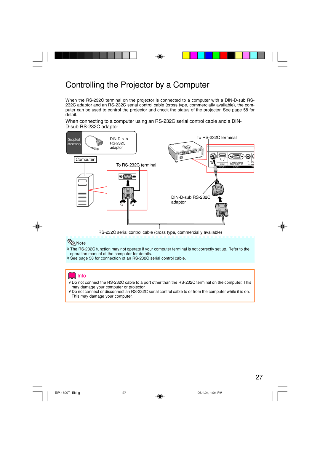 Eiki EIP-1600T owner manual Controlling the Projector by a Computer, To RS-232C terminal 