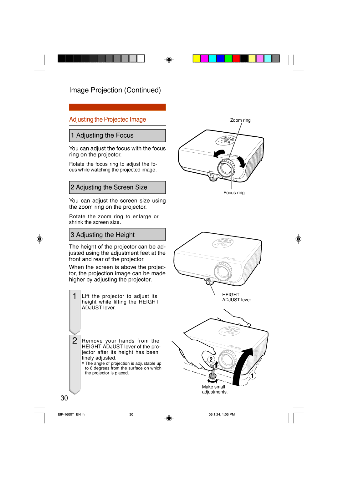 Eiki EIP-1600T Image Projection, Adjusting the Projected Image, Rotate the zoom ring to enlarge or shrink the screen size 