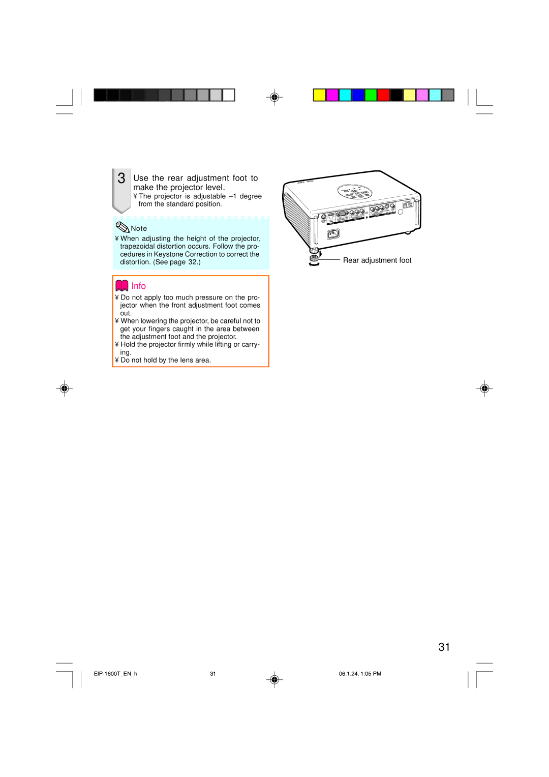 Eiki EIP-1600T owner manual Use the rear adjustment foot to make the projector level, Rear adjustment foot 