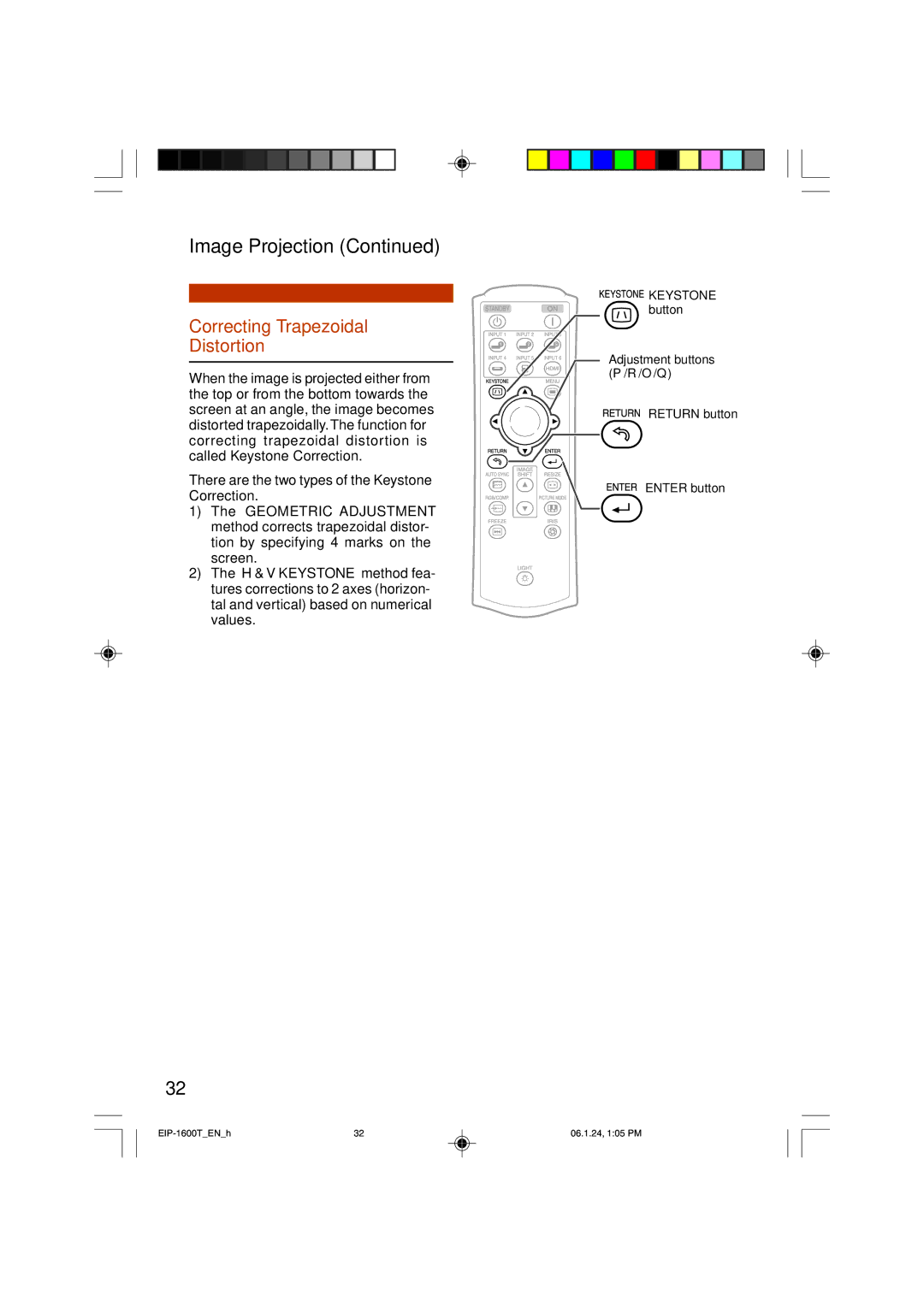 Eiki EIP-1600T owner manual Correcting Trapezoidal Distortion 