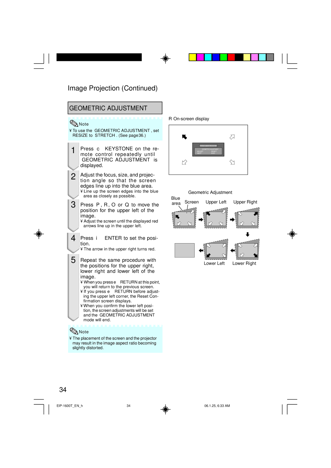 Eiki EIP-1600T Press i Enter to set the posi- tion, Repeat the same procedure with, Positions for the upper right 