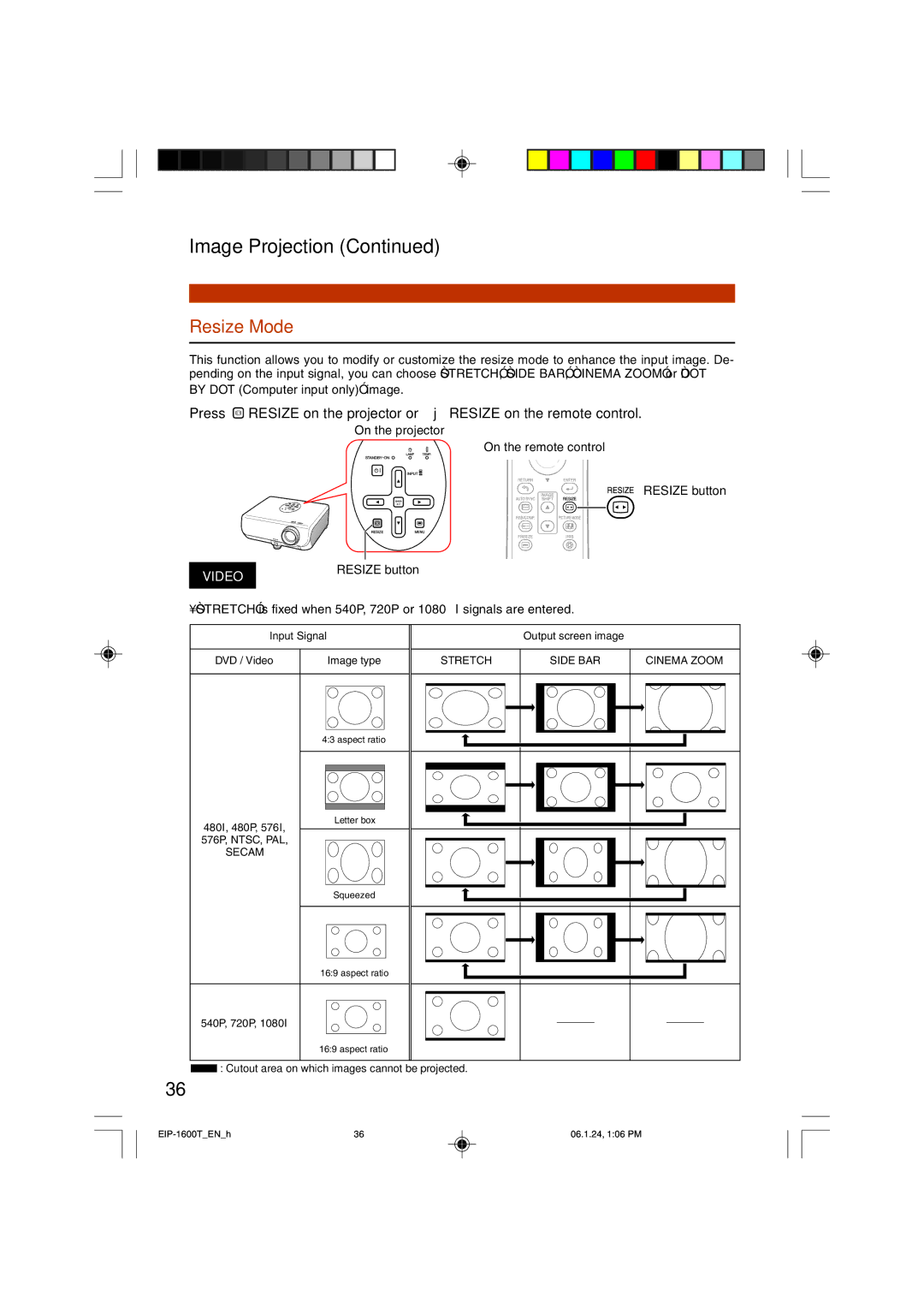 Eiki EIP-1600T owner manual Resize Mode, On the projector On the remote control Resize button 