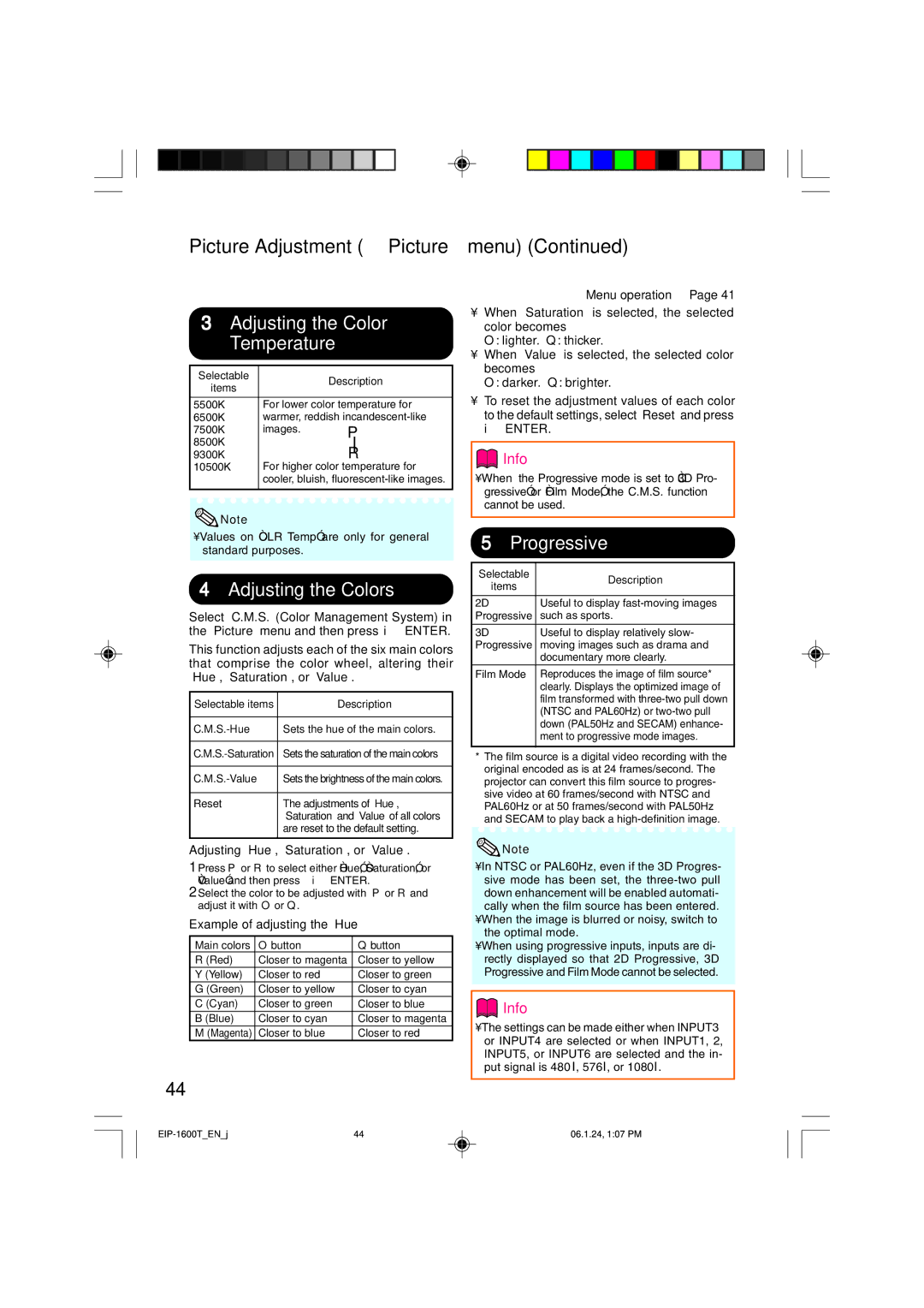 Eiki EIP-1600T Picture Adjustment Picture menu, 3Adjusting the Color Temperature, 4Adjusting the Colors, Progressive 