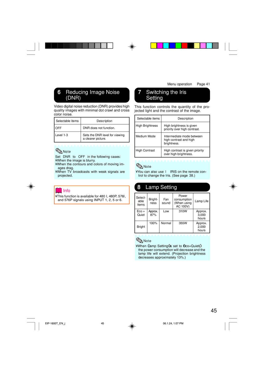 Eiki EIP-1600T owner manual 6Reducing Image Noise 7Switching the Iris, 8Lamp Setting 