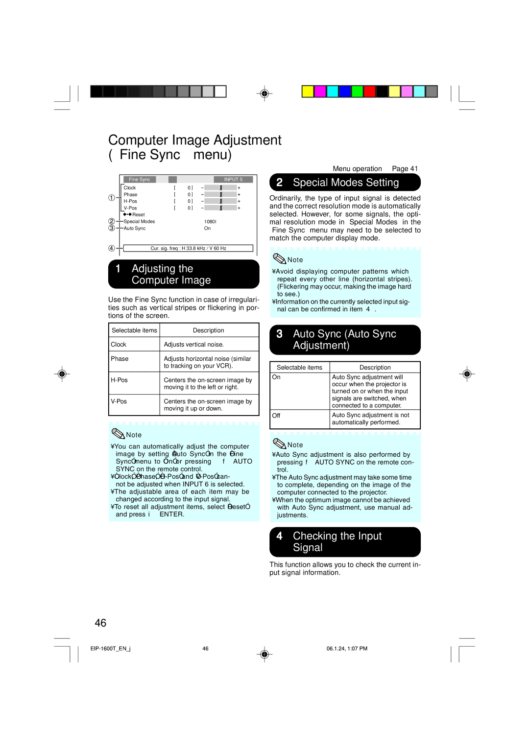 Eiki EIP-1600T owner manual 1Adjusting Computer Image, 2Special Modes Setting, 3Auto Sync Auto Sync Adjustment 