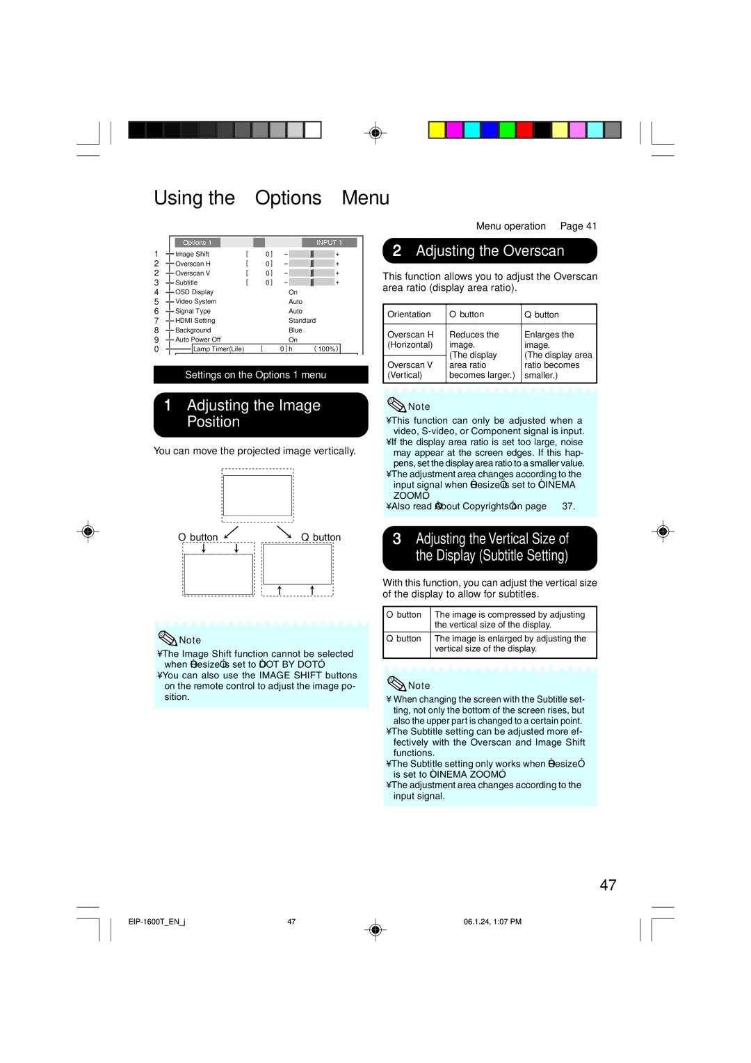 Eiki EIP-1600T owner manual Using the Options Menu, 1Adjusting the Image Position, 2Adjusting the Overscan, Button 