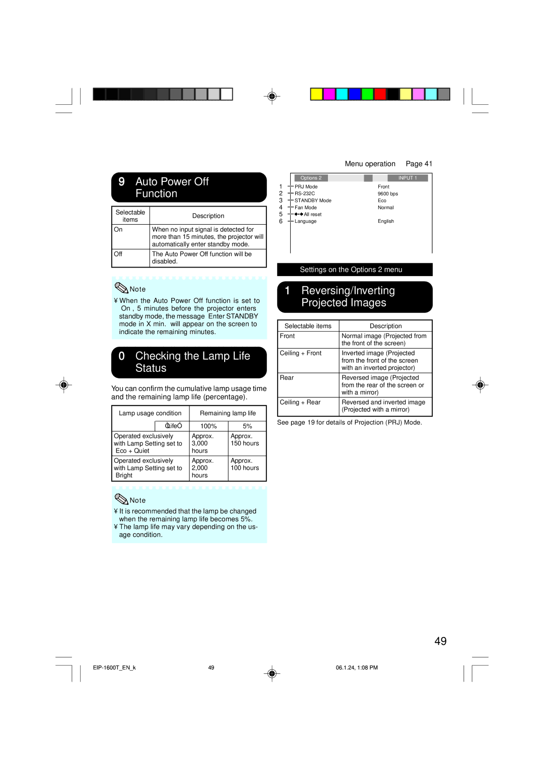 Eiki EIP-1600T owner manual 9Auto Power Off Function, 0Checking the Lamp Life Status, Reversing/Inverting Projected Images 