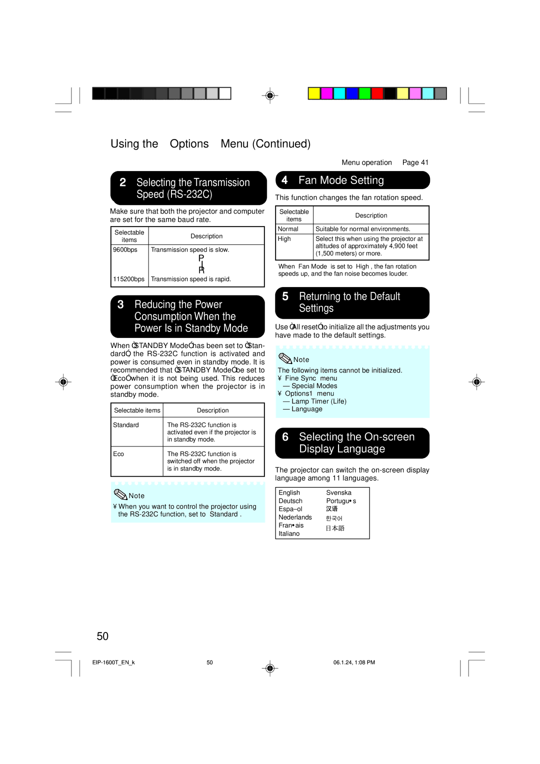 Eiki EIP-1600T owner manual 2Selectingthe Transmission Speed RS-232C, 4Fan Mode Setting, 5Returning to the Default Settings 