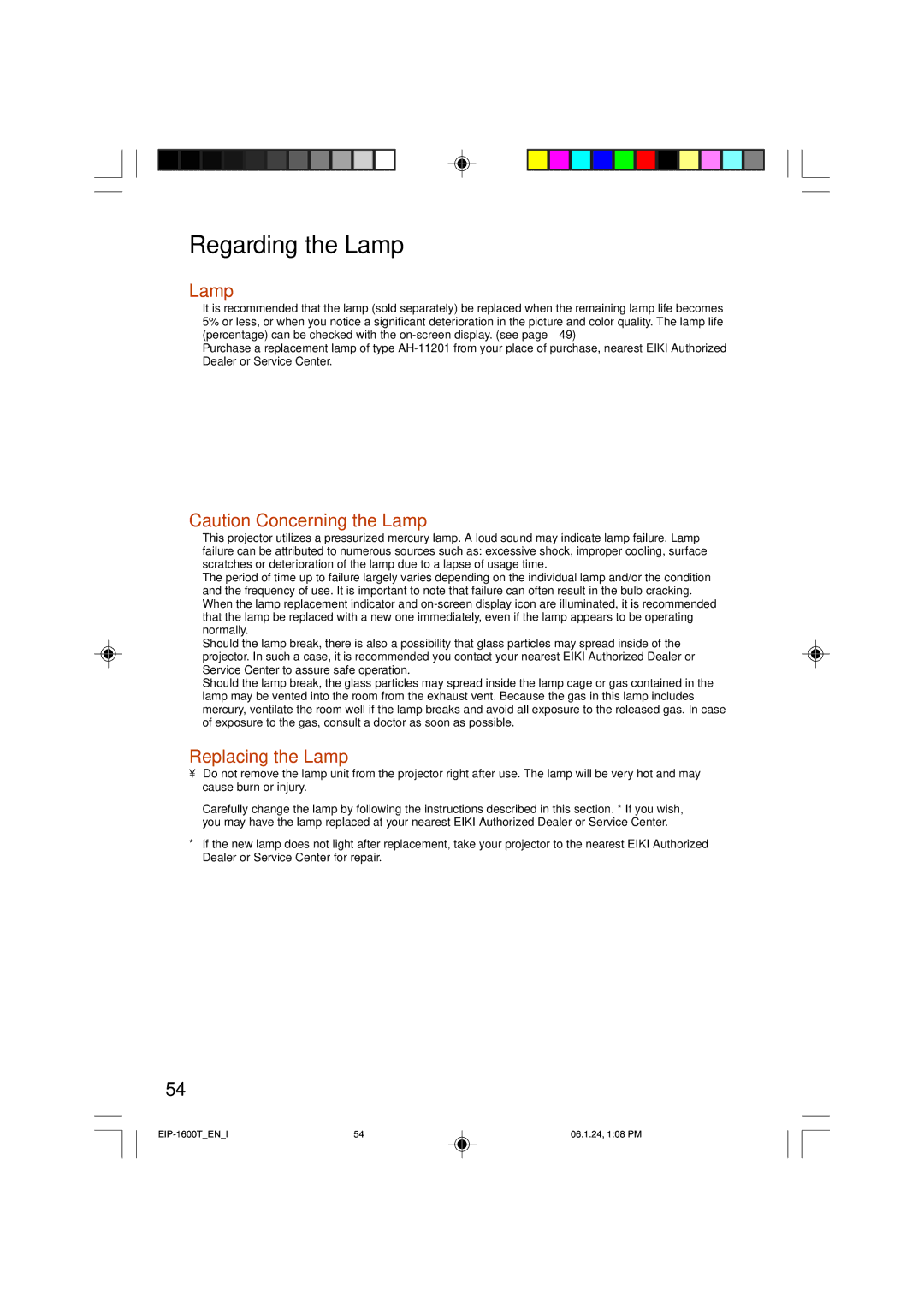 Eiki EIP-1600T owner manual Regarding the Lamp, Replacing the Lamp 