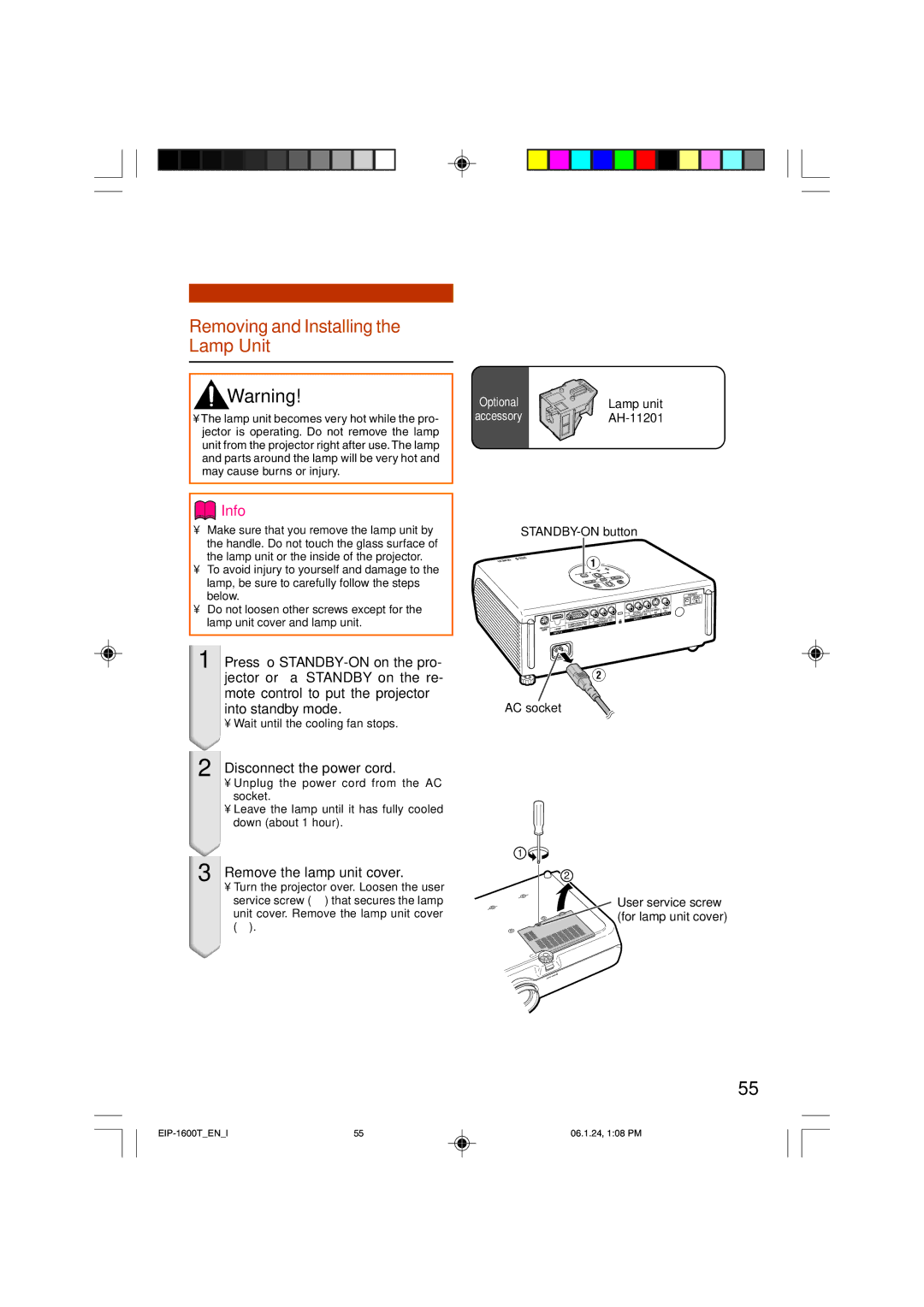 Eiki EIP-1600T owner manual Removing and Installing the Lamp Unit, Disconnect the power cord, Remove the lamp unit cover 