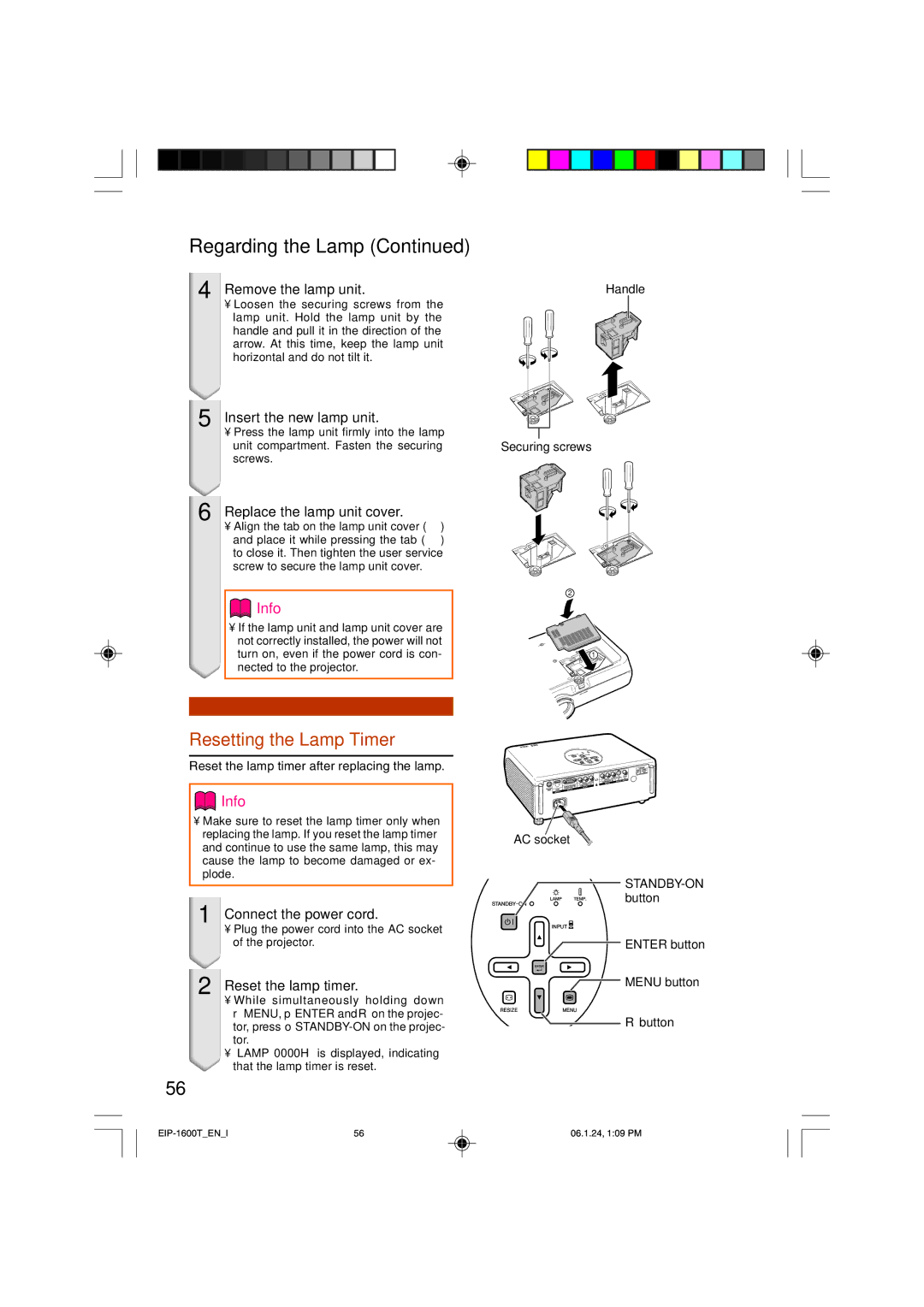 Eiki EIP-1600T owner manual Regarding the Lamp, Resetting the Lamp Timer 