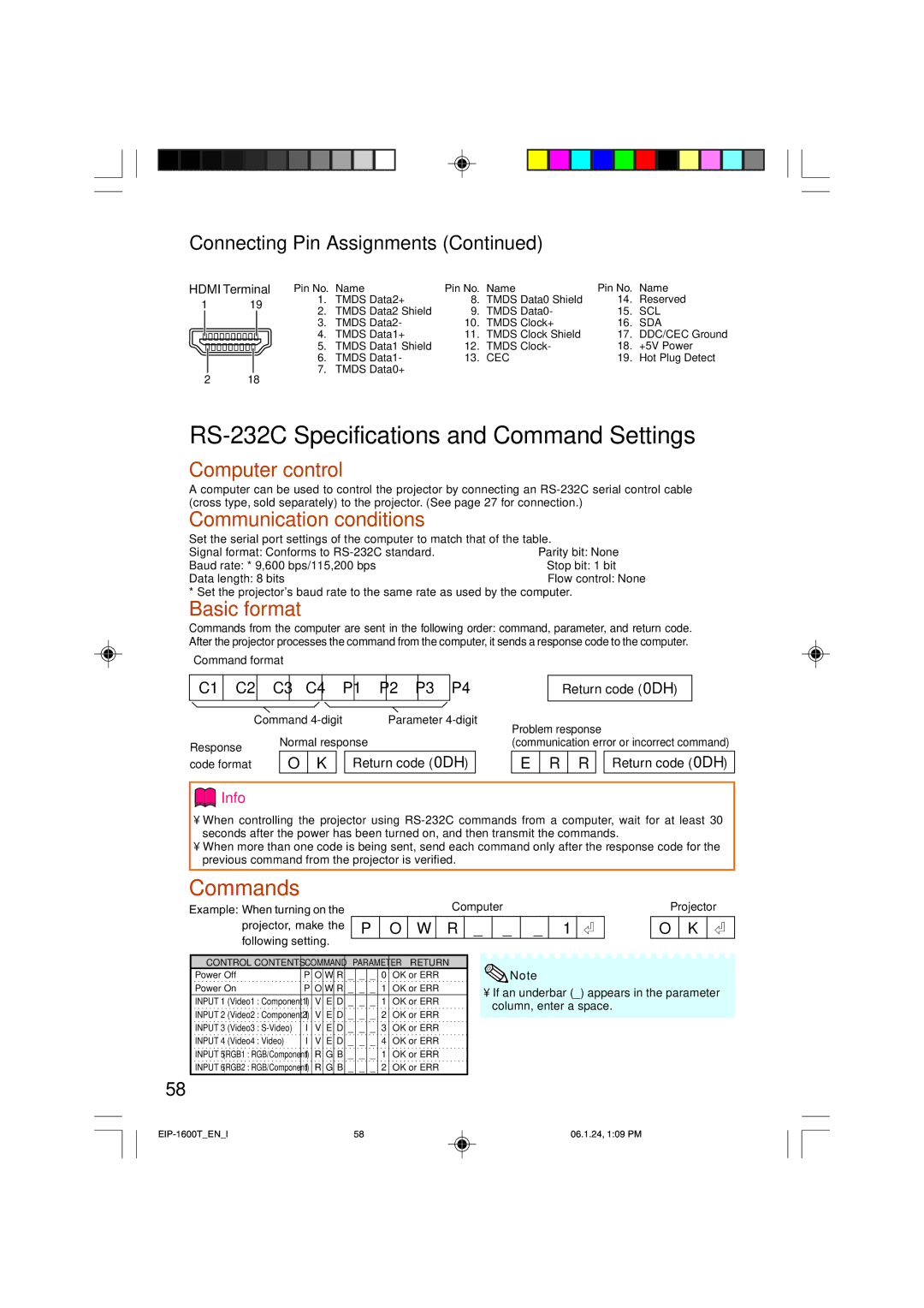 Eiki EIP-1600T owner manual RS-232C Specifications and Command Settings, Connecting Pin Assignments, R Return code 0DH 