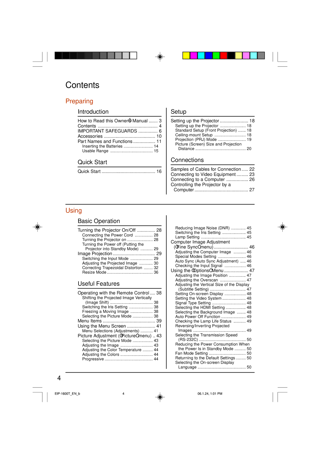 Eiki EIP-1600T owner manual Contents 