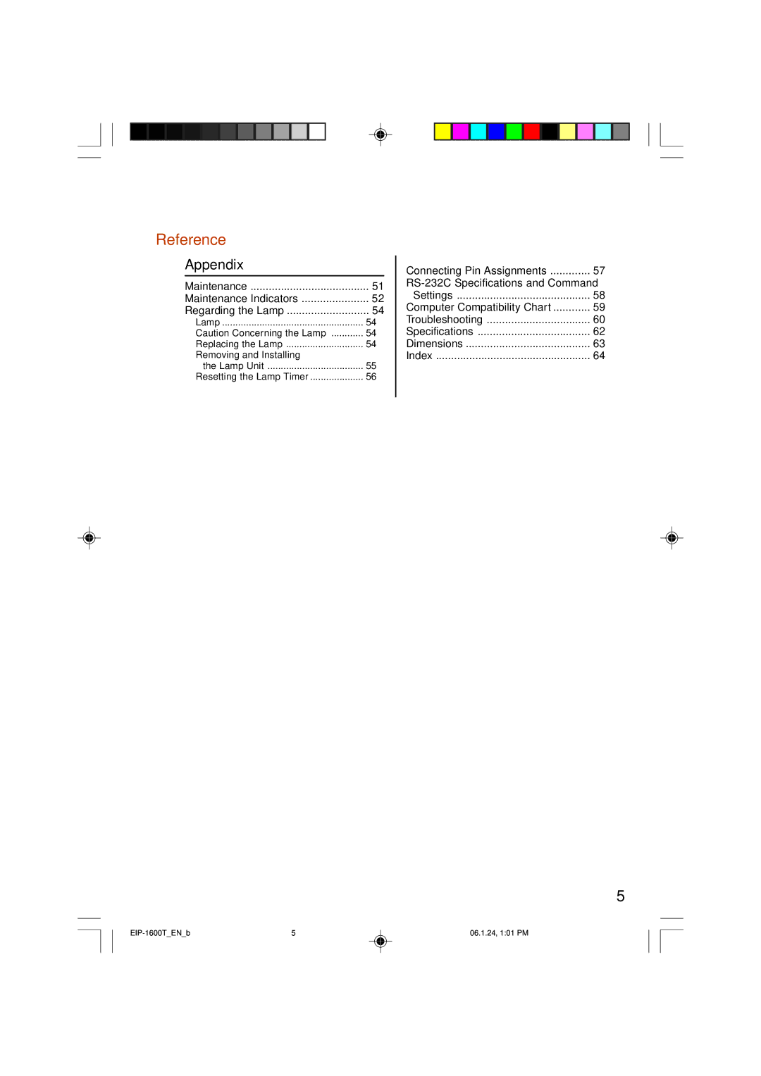 Eiki EIP-1600T owner manual Reference, Maintenance Maintenance Indicators Regarding the Lamp 